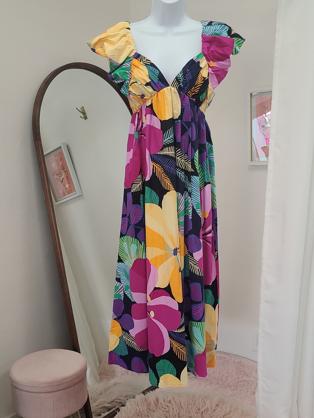 Vivid Floral Ruffle Midi Dress in Multicolor